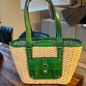 Green and Tan Woven Tote Bag